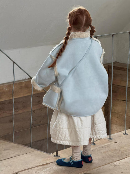 Faux shearling duffle coat with boa, dull blue, mid-length [mh0011751]