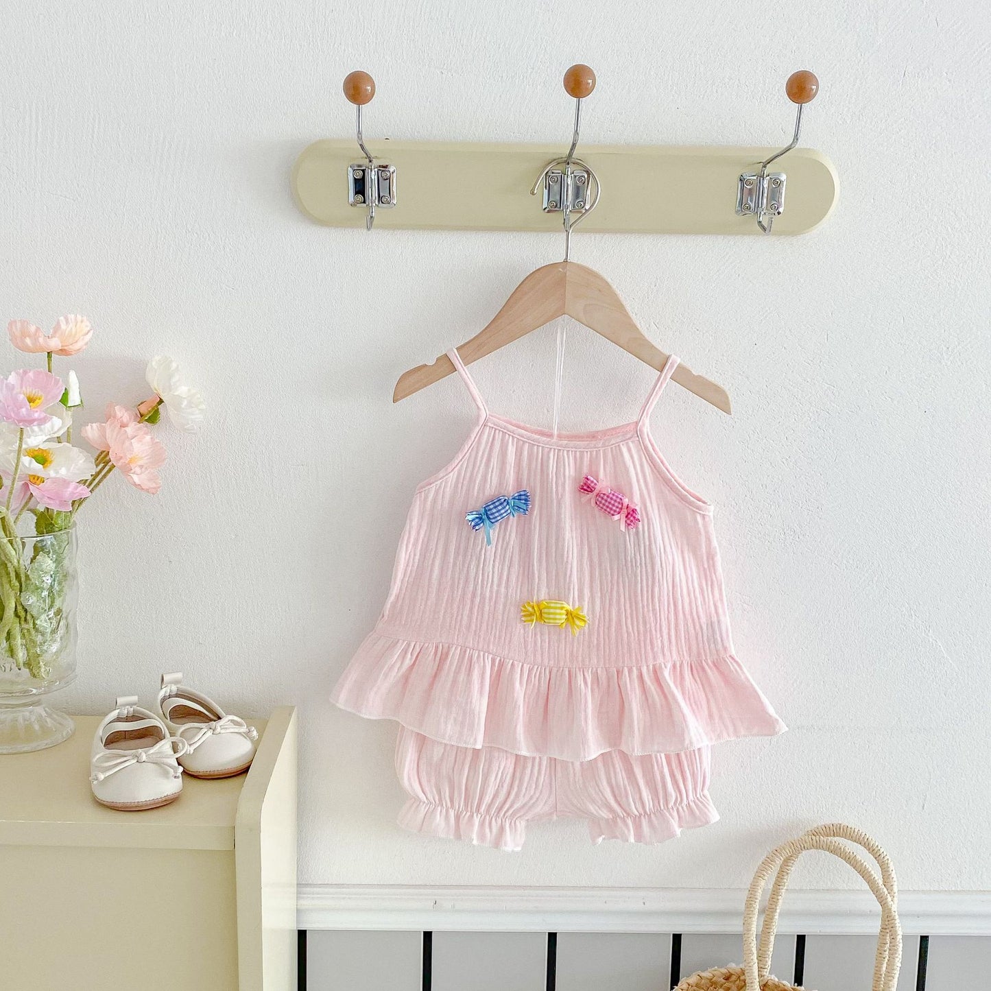 Candy Applique Gauze Frill Flared Set キャンディ キャミソール ショートパンツ セット【mh0013438】
