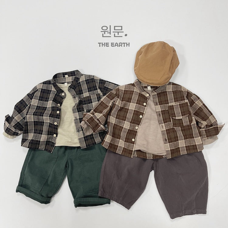 キッズ チェック バンドカラー ルーズ 長袖シャツ【mh0013930】