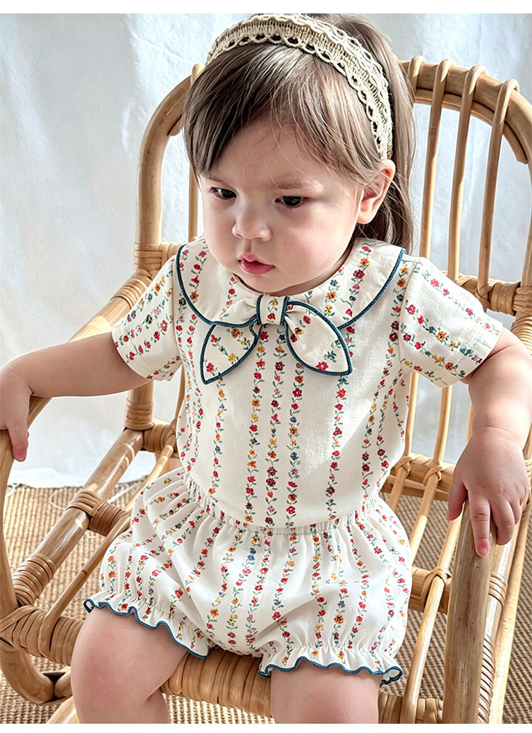 Floral Striped Ruffle Blouse Bow Collar Shirt Bloomers ボタニカル 半袖ブラウス ノースリーブシャツ ブルマパンツ【mh0013490】