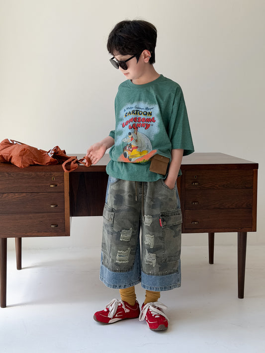 Camouflage Patchwork Denim Cargo Pants カモフラージュ ハーフパンツ【mh0013536】