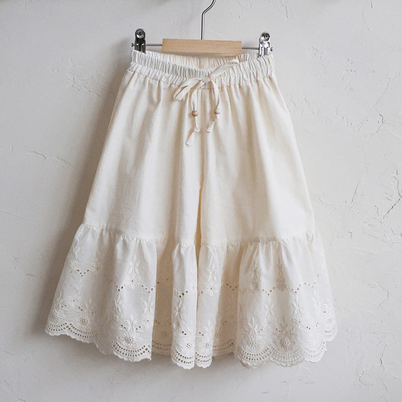 Lace Hem Wide-Leg Pants 刺繍レース ガウチョパンツ【mh0012990】