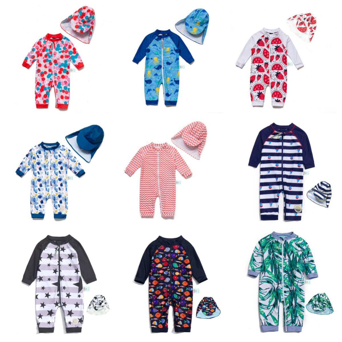 One-Piece Surf Wear With Matching Cap プリント 長袖水着 帽子セット【mh0013315】