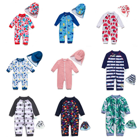One-Piece Surf Wear With Matching Cap プリント 長袖水着 帽子セット【mh0013315】