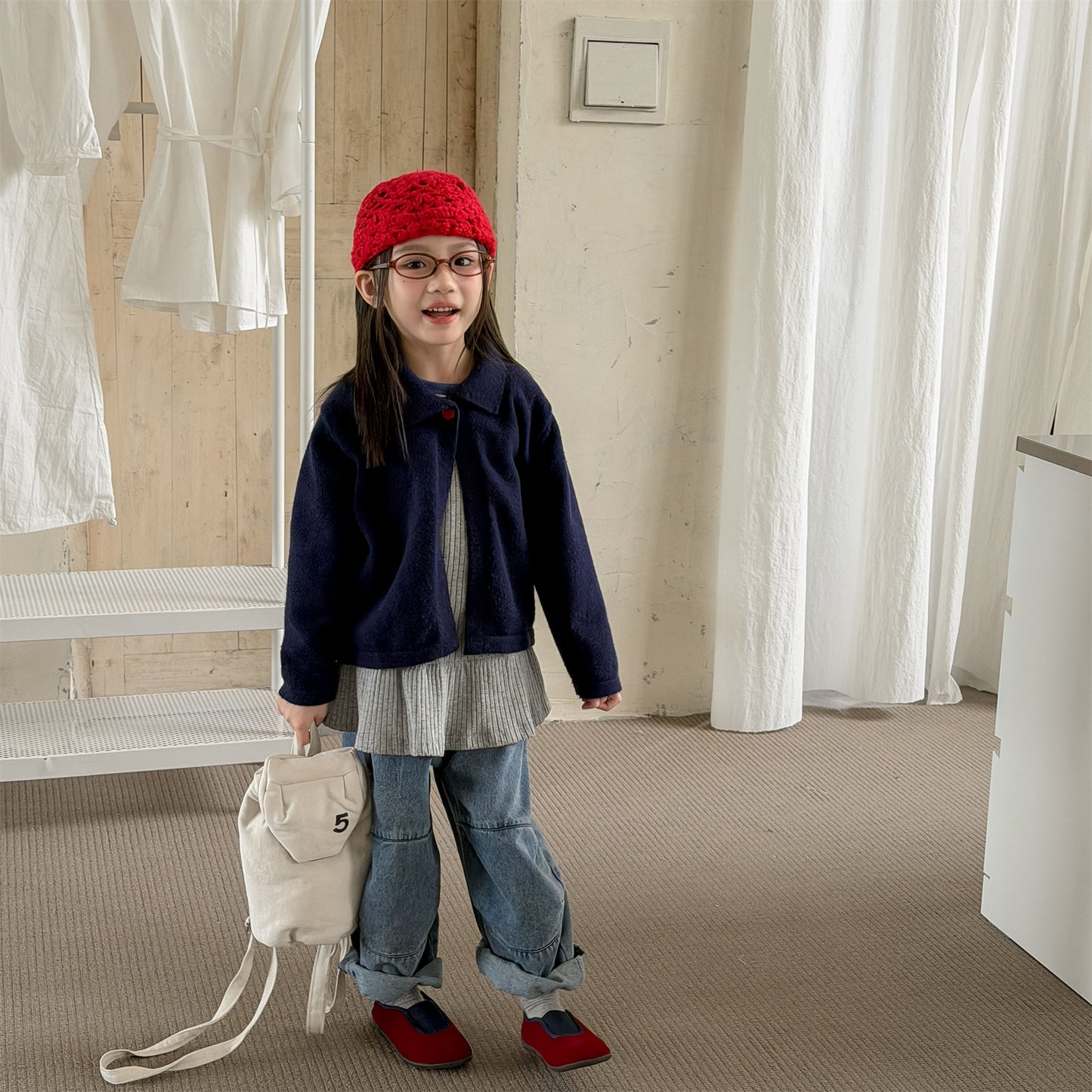 Kids' Polka Dot Collared Button-Up Long-Sleeve Knit Cardigan [mh0014056]