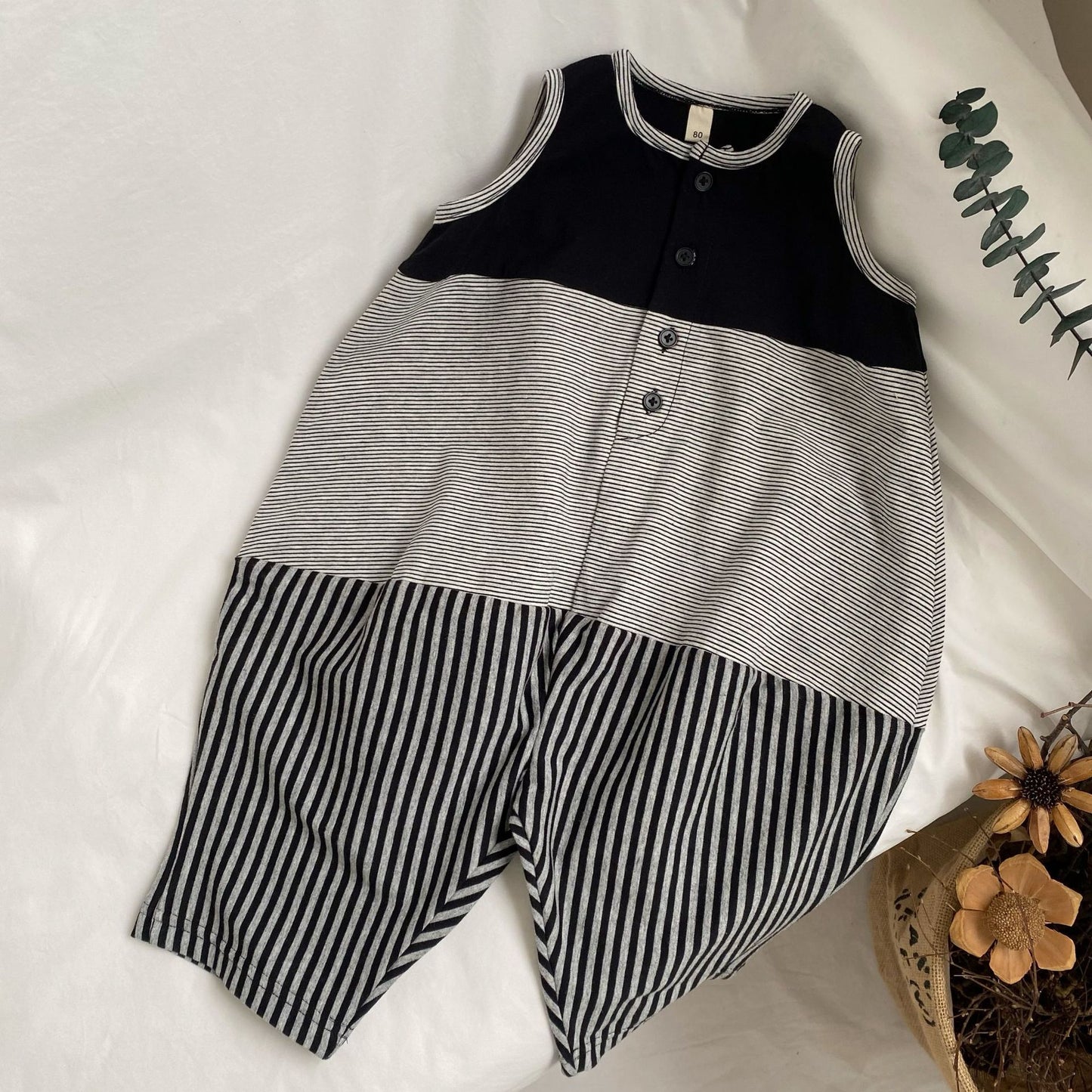 Striped Sleeveless Jumpsuit パッチワーク ノースリーブオールインワン【mh0013635】