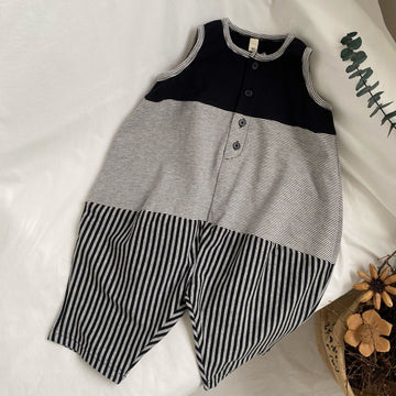 Striped Sleeveless Jumpsuit パッチワーク ノースリーブオールインワン【mh0013635】
