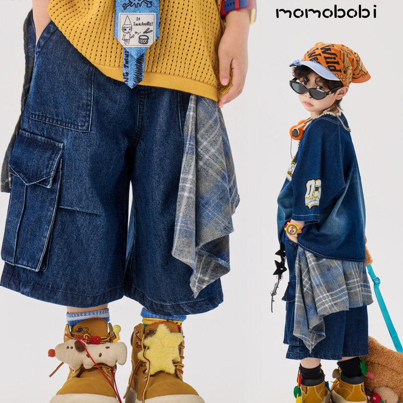 Check Layered Denim Shorts チェック レイヤード デニムハーフパンツ【mh0013002】