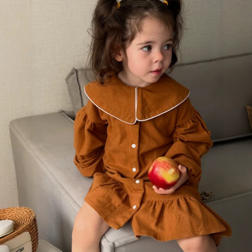 Kids' Piping Round Neck Balloon Sleeve Long Sleeve Dress【mh0014752】