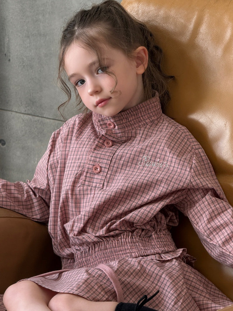 Kids' Plaid Stand-Collar Ruffled Long-Sleeve Shirt and Miniskirt Set [mh0014078]