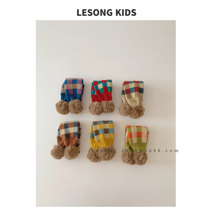 キッズマフラー カラフル ブロックチェック ぽんぽん ネックウォーマー【mh0011843】