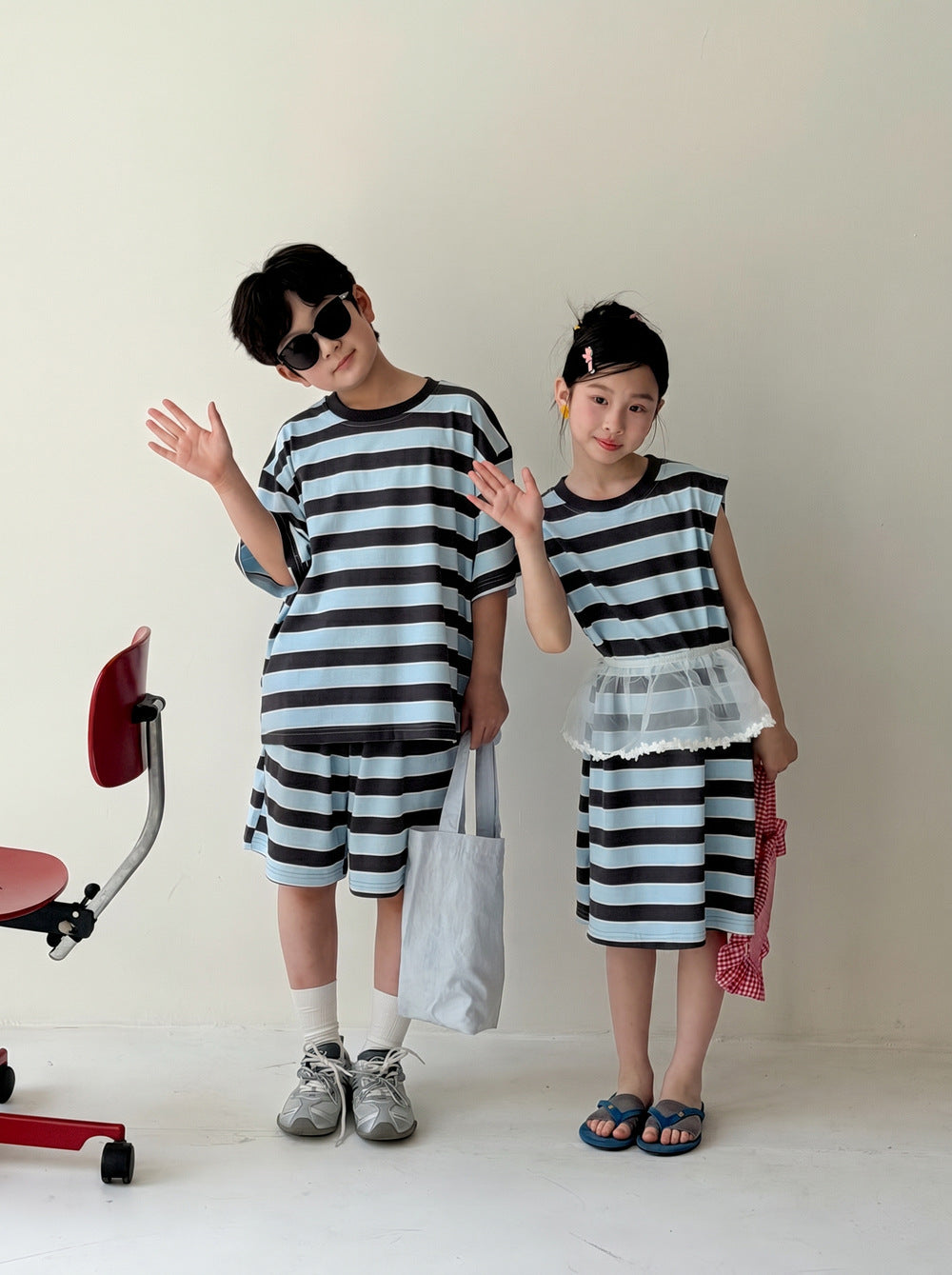 Casual Stripe Loose Dress Set ボーダー 半袖Tシャツ ハーフパンツ セット ノースリーブワンピース【mh0013537】