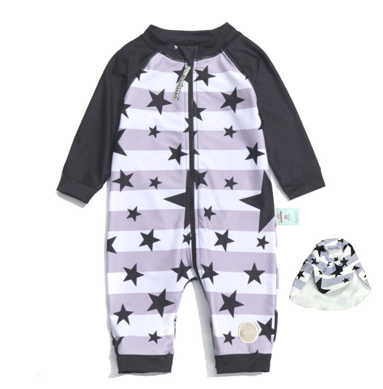 One-Piece Surf Wear With Matching Cap プリント 長袖水着 帽子セット【mh0013315】