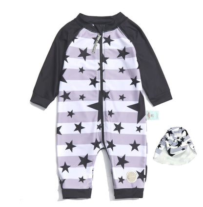 One-Piece Surf Wear With Matching Cap プリント 長袖水着 帽子セット【mh0013315】
