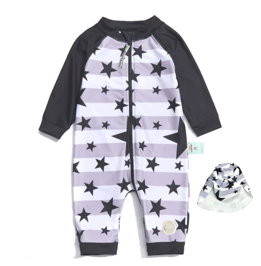 One-Piece Surf Wear With Matching Cap プリント 長袖水着 帽子セット【mh0013315】