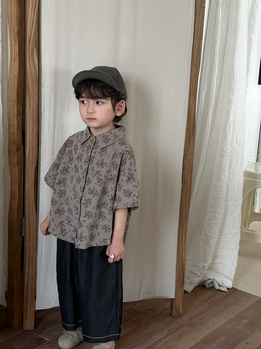 Floral Drop Shoulder Cotton Shirt フラワー 半袖シャツ【mh0013470】