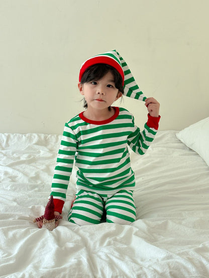 Kids' striped long-sleeve T-shirt, easy-fit long pants, and pom-pom motif cap: 3-piece set【mh0008100】