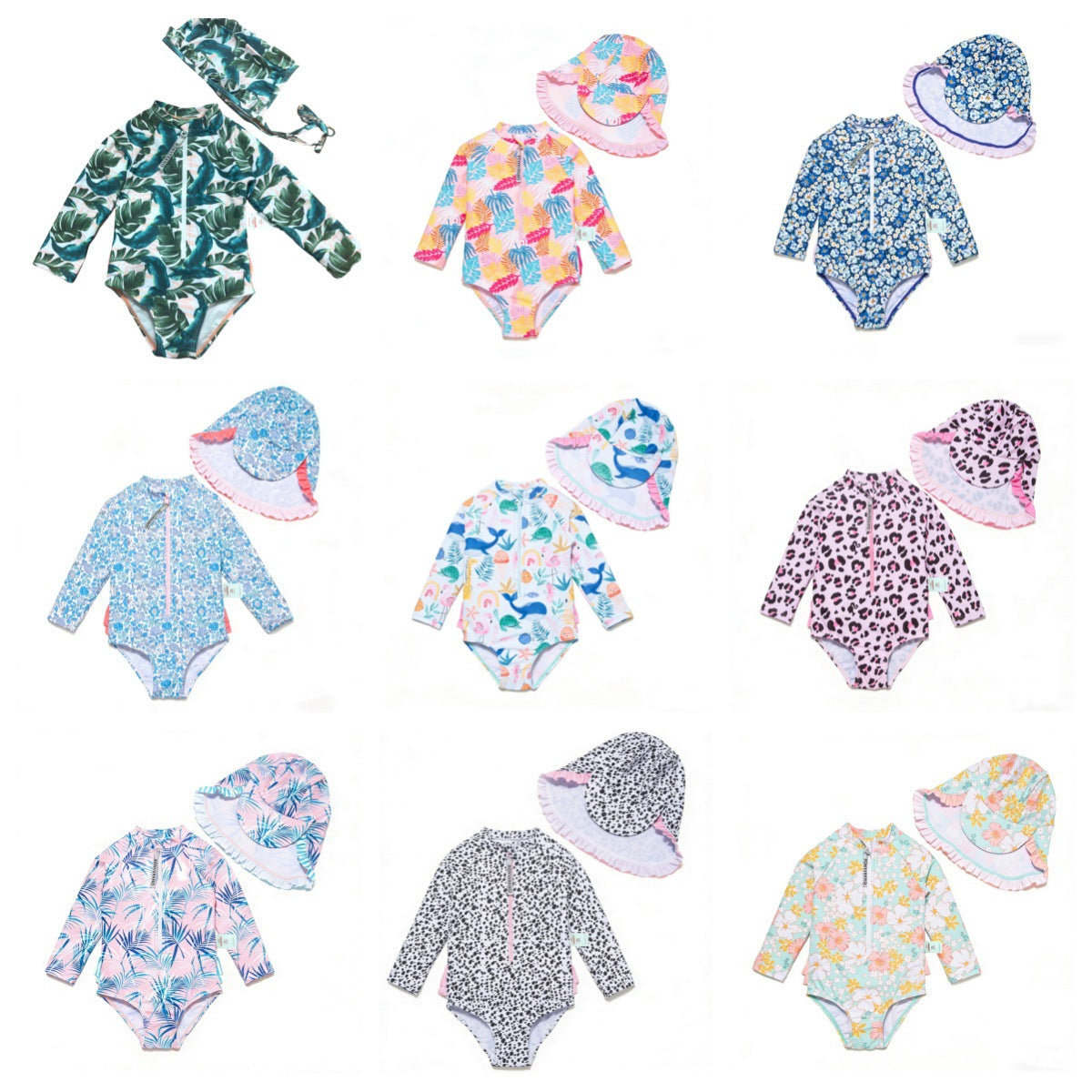 Baby Girls One-piece Sun Protection Surf Suit ボタニカル 長袖水着 帽子セット【mh0013317】
