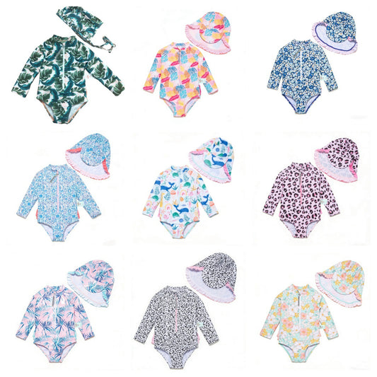 Baby Girls One-piece Sun Protection Surf Suit ボタニカル 長袖水着 帽子セット【mh0013317】