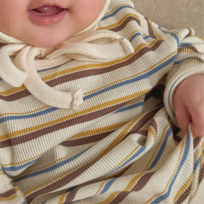 -カラフルボーダーロンパース ボンネット付き リブ編み コットンカバーオール 2点セット【mh0010891】 - mamahalo shop - 長袖ロンパース -  べビー服 - 子供服 - 男の子 - 女の子