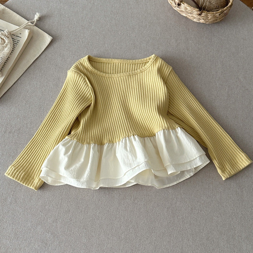 Camiseta de manga larga acanalada con volantes estilo peplum para bebés y niños 【mh0014484】