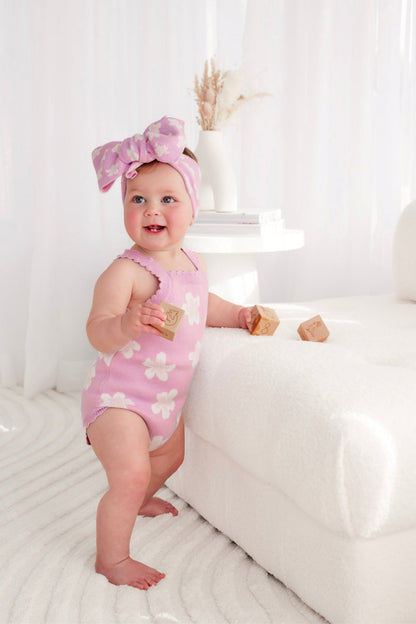 ノースリーブニットロンパース 花柄 ジャカードニット ボディスーツ ヘアバンド【mh0011857】