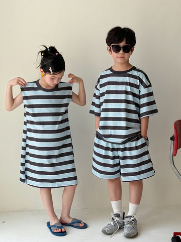 Casual Stripe Loose Dress Set ボーダー 半袖Tシャツ ハーフパンツ セット ノースリーブワンピース【mh0013537】
