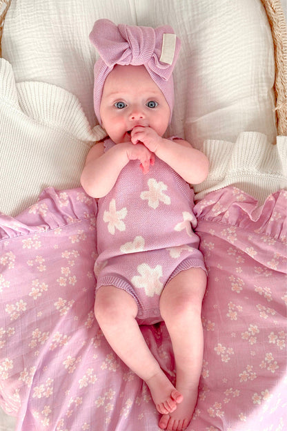 ノースリーブニットロンパース 花柄 ジャカードニット ボディスーツ ヘアバンド【mh0011857】