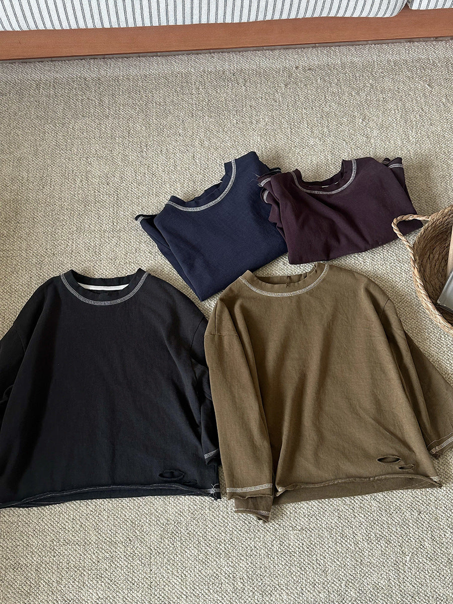 Kids' Distressed Stitch Loose Crewneck Long Sleeve T-Shirt [mh0014304]