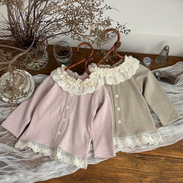 Baby & Kids Ruffled Collar and Hem Front-Button Ribbed Long-Sleeve T-Shirt【mh0014486】