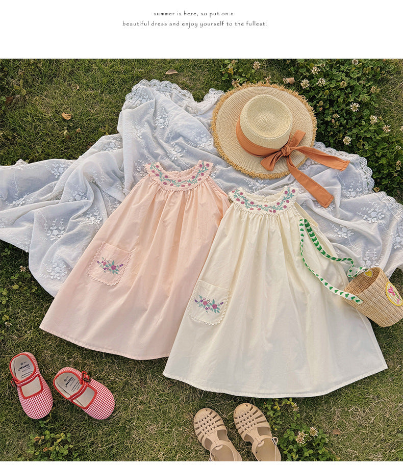 Camellia Embroidery Tiered Strap Dress フラワー ノースリーブワンピース【mh0013658】