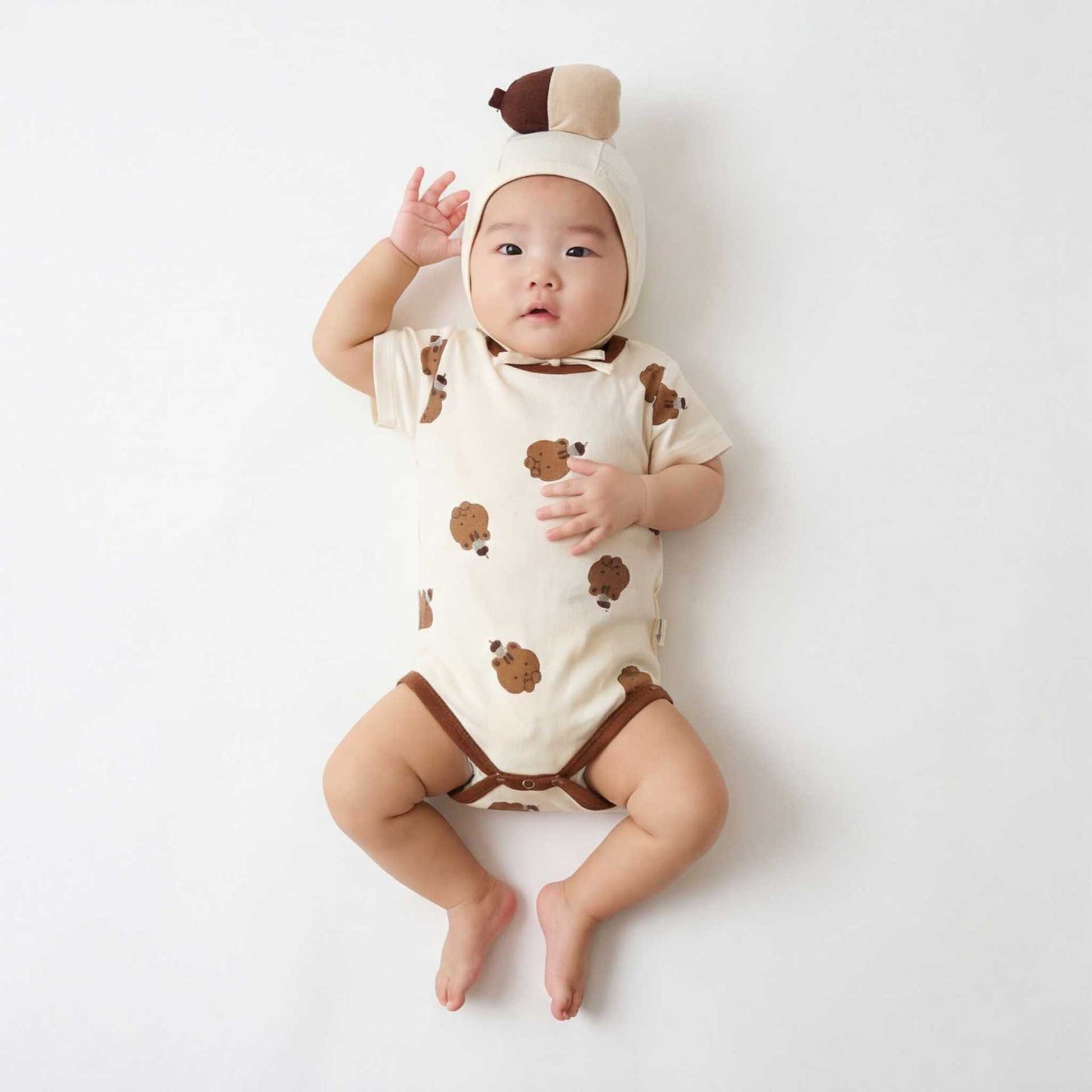 Short Sleeved Squirrel Print Jumpsuit With Chestnut Hat リスプリント 半袖ロンパース【mh0013360】