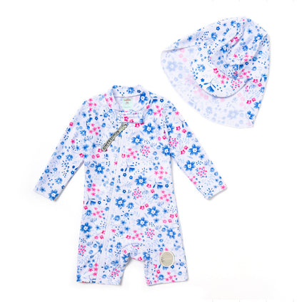 Long-sleeve Diagonal Zipper One-piece Beach Sun Protection Surf Suit ボタニカル 長袖水着 帽子セット【mh0013316】
