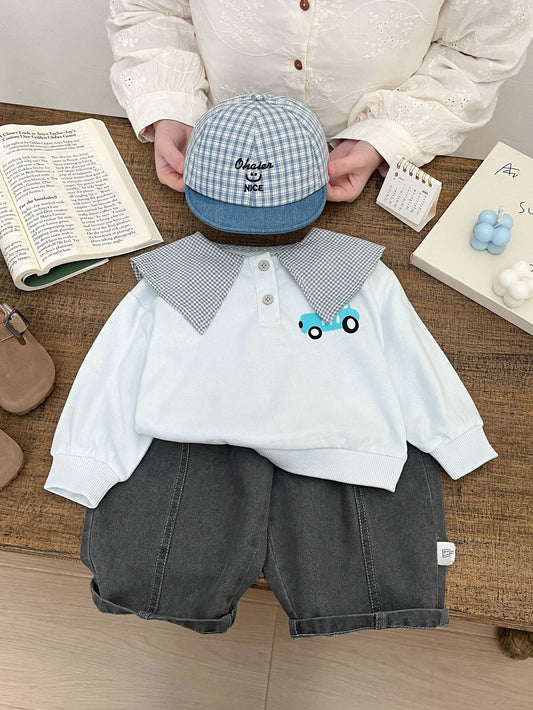 Sudadera con cuello, bordado, botones a presión y estampado de coches, de algodón, para bebé y niño, de manga larga【mh0013995】