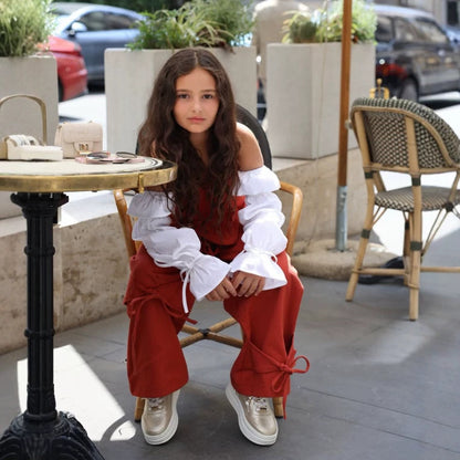 Kids' Corset-Style Puff-Sleeve Top + Ribbon Wide-Leg Long Pants Set [mh0014742]