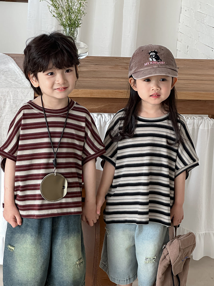 Striped Casual Loose Cotton Tops ボーダー 半袖Tシャツ【mh0013463】
