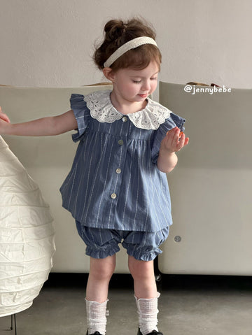 Lace Collar Stripe Cotton Set レース 襟付き ストライプ コットン セット【mh0012557】