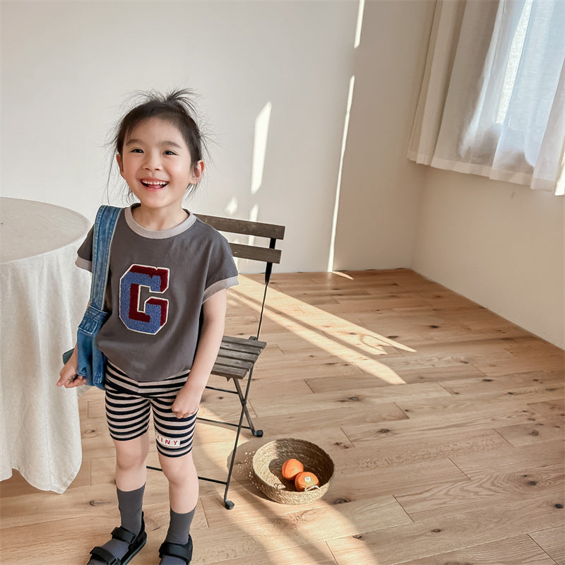 Kids' Alphabet Patchwork Applique Ringer Loose Short-Sleeved T-Shirt [mh0001820]