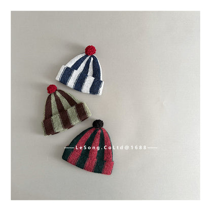 ベビー帽子 ストライプ ぽんぽん ピエロ ニットキャップ【mh0011835】
