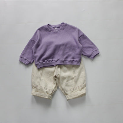 パープルのワッフル風ルーズTシャツ、ドルマンスリーブのキッズ用