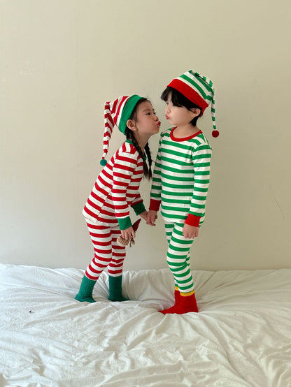 Kids' striped long-sleeve T-shirt, easy-fit long pants, and pom-pom motif cap: 3-piece set【mh0008100】