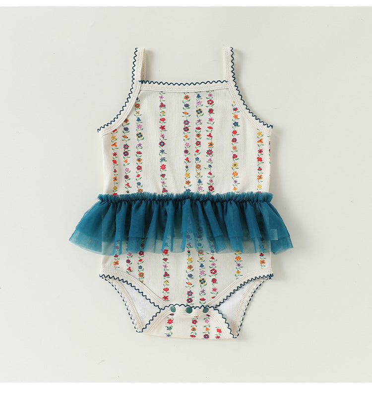 Floral Vertical Stripe Strappy Romper キャミソールロンパース【mh0013496】