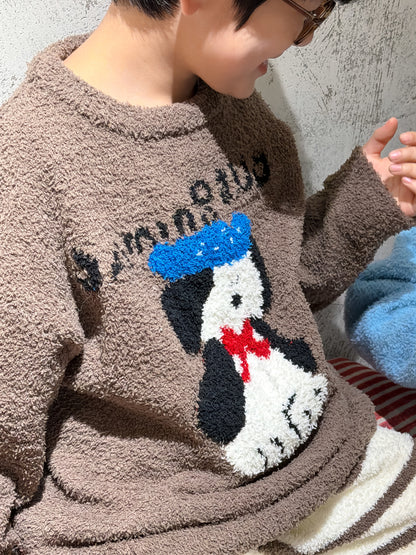 Coral fleece pajama set with dog motif, striped pants, and loungewear [mh0011872]