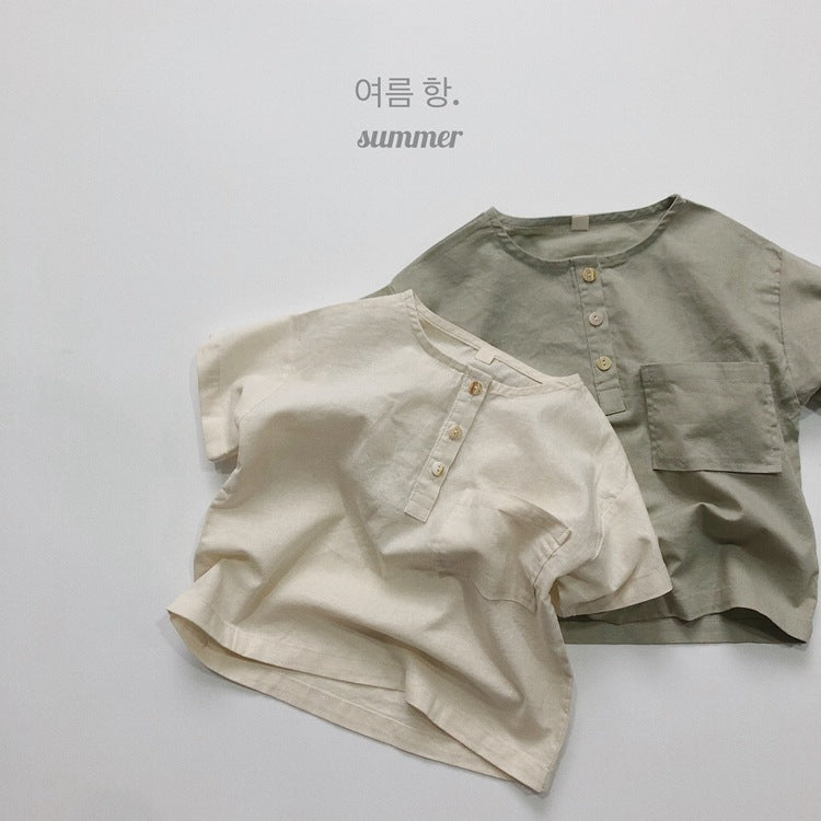 キッズ コットンリネン ルーズ ヘンリーネック 半袖 シャツ【mh0001970】