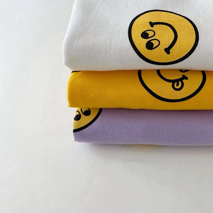 プリント半袖Tシャツの畳みセット（白・黄色・紫、スマイリ―柄）