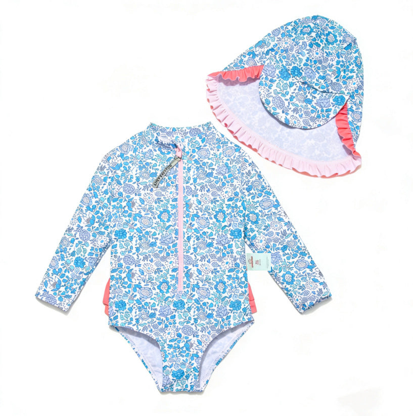Baby Girls One-piece Sun Protection Surf Suit ボタニカル 長袖水着 帽子セット【mh0013317】