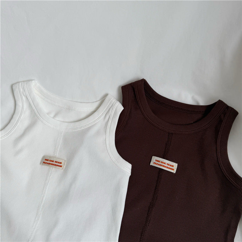 GL-kids Verano coreano Nuevo chaleco simple sin mangas con etiqueta Unisex Color sólido Centro-cosido Camiseta lavada【mh0013645】