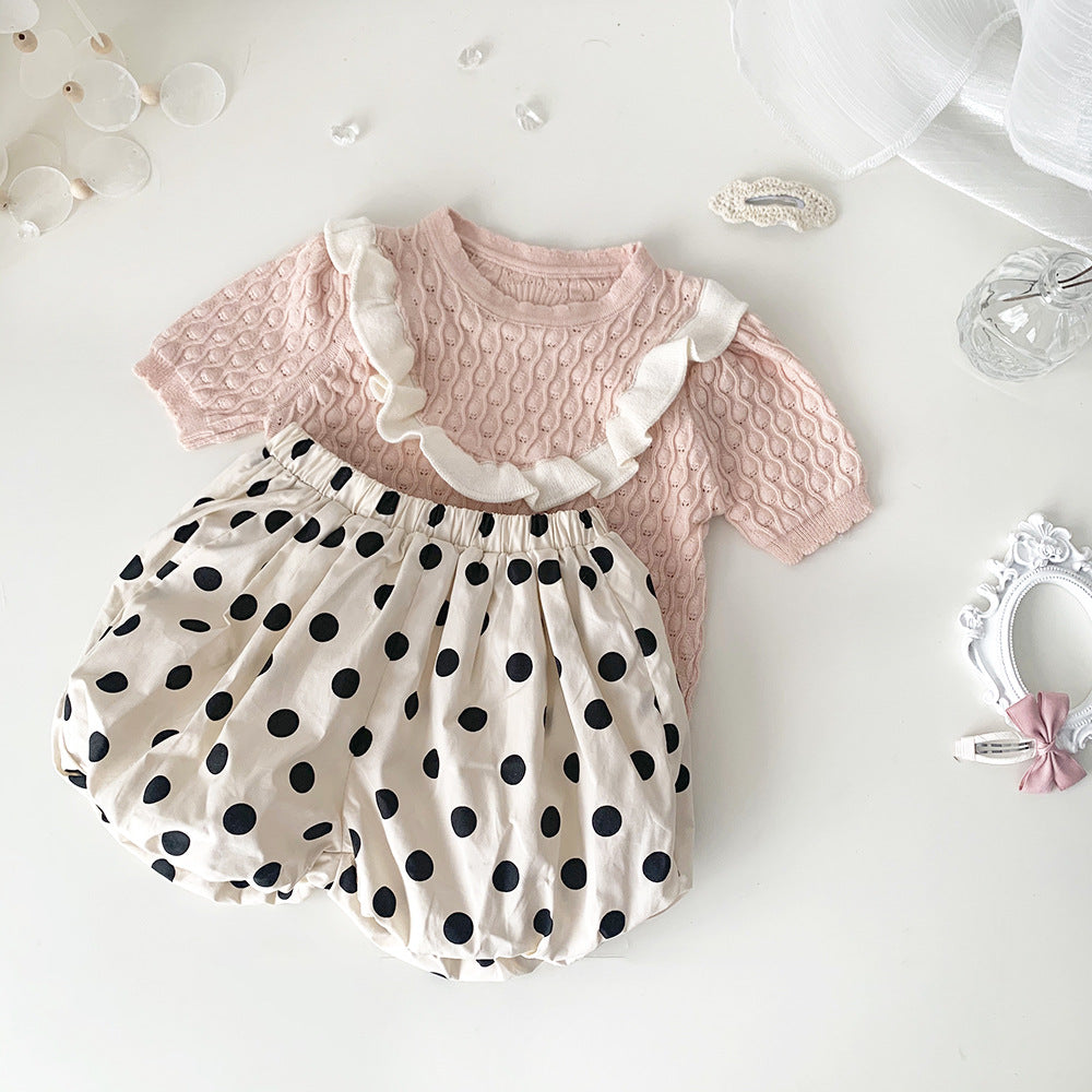 Baby Kids Openwork Knit Ruffled Summer Top Backless Short Sleeve T-Shirt [mh0002013]