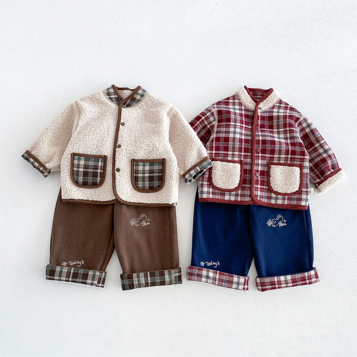 キッズ チェック リバーシブル ボアジャケット / ロールアップ 刺繍 ストレート ロングパンツ【mh0014765】