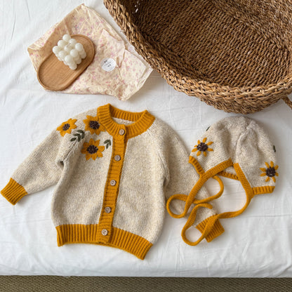 キッズ サンフラワー フラワー 刺繍 帽子付き ニット カーディガン【mh0014531】